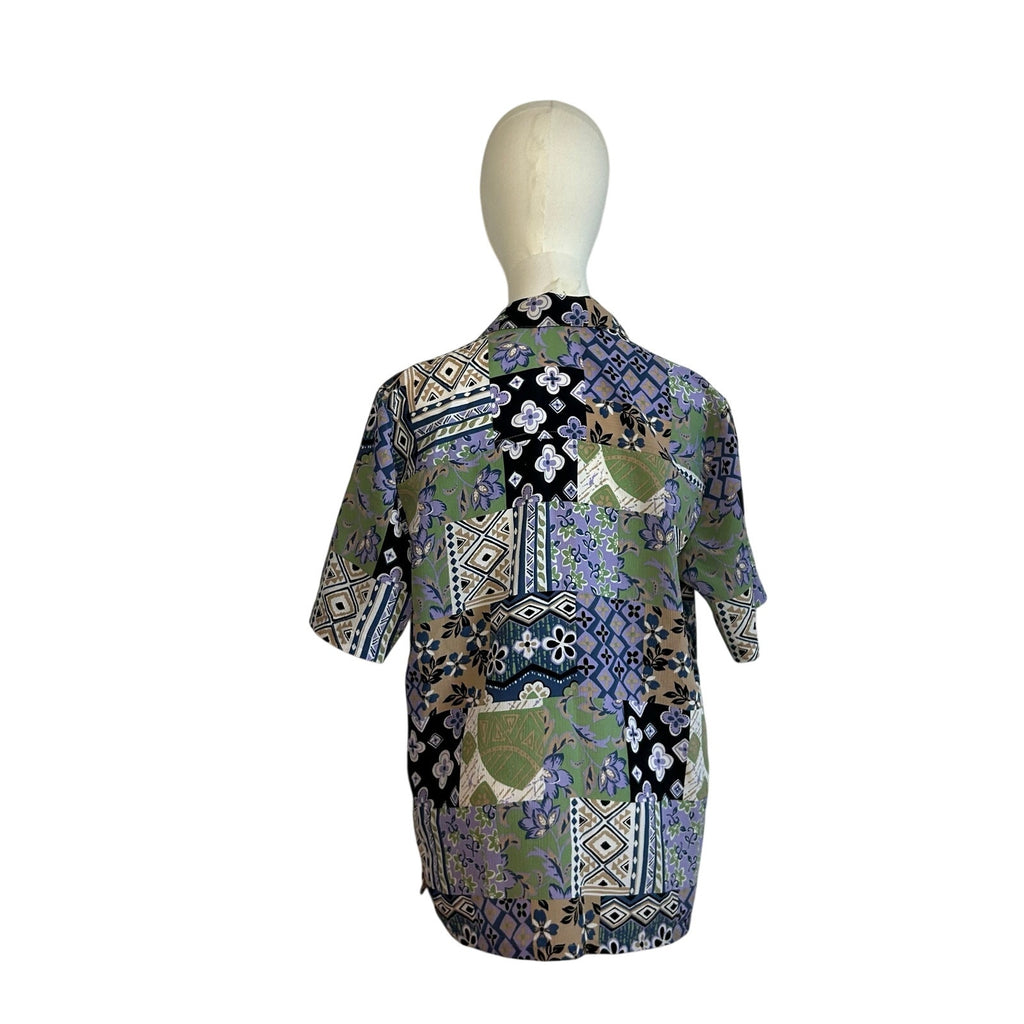 VTG 90s DonnKenny L Purple Green Patchwork Print Top Indie Maximalist Retro Boho