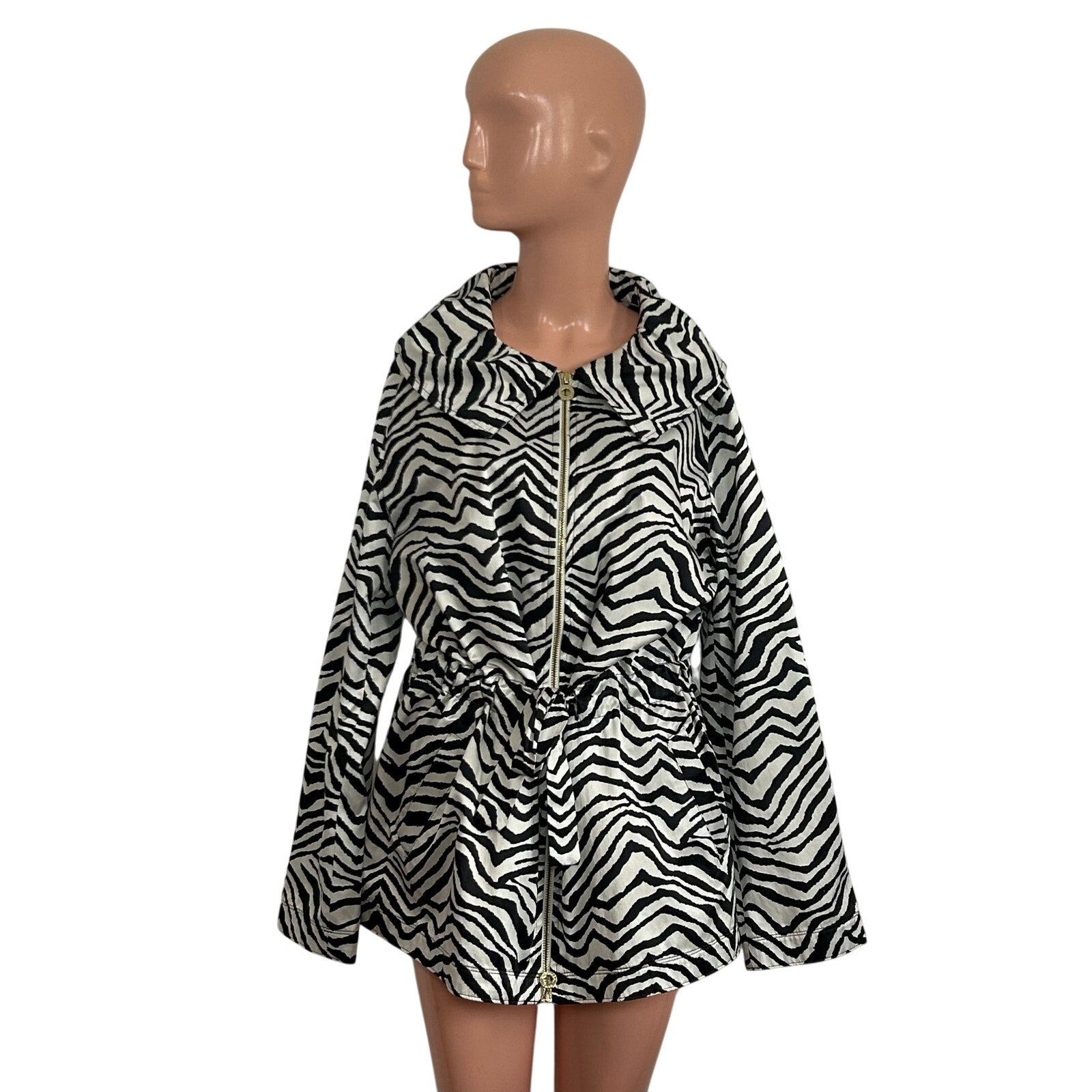 VTG Y2K Dana Buchman Zebra Print Trench Jacket  XL Maximalist Animal Pockets