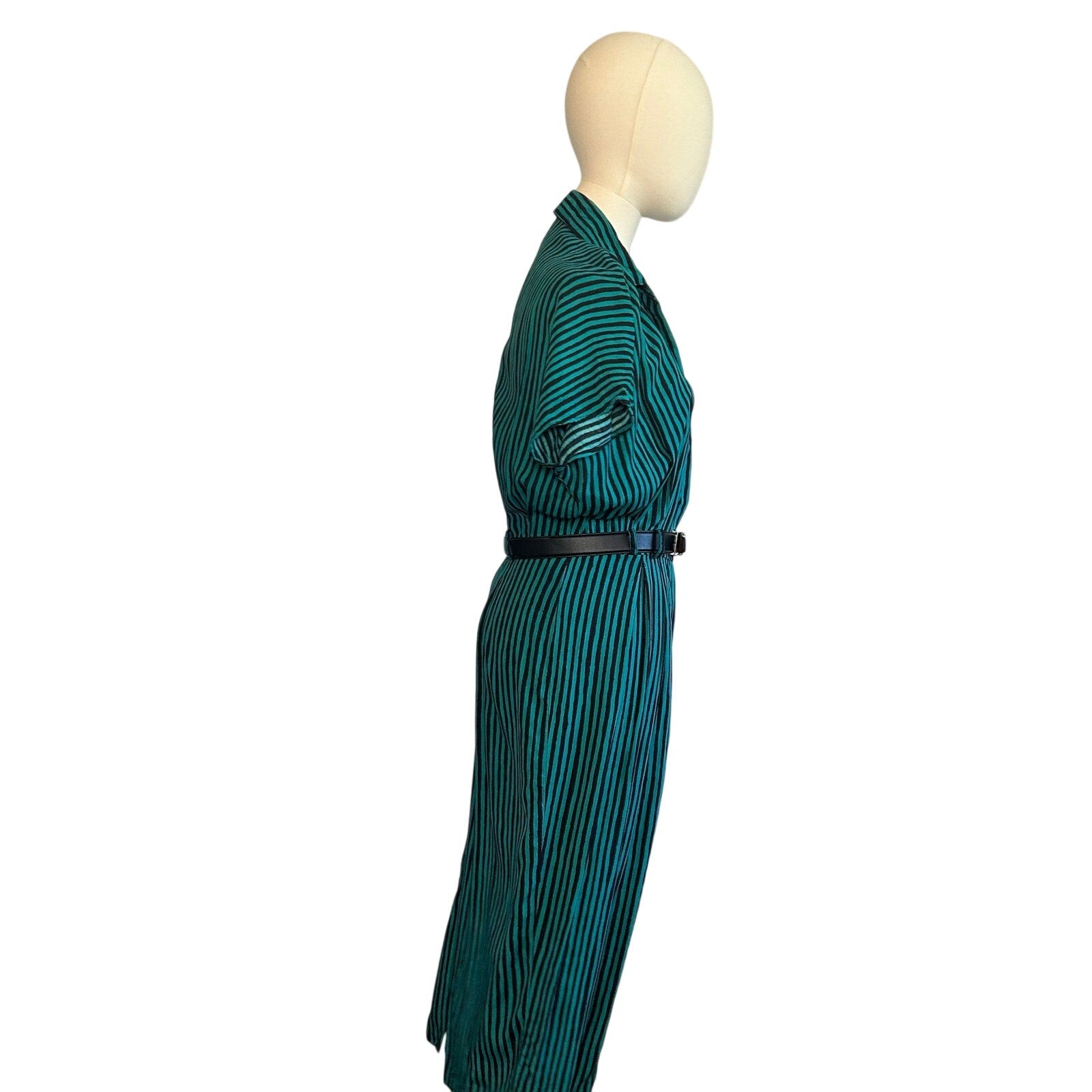 VTG 80s Scarlett Green Black Striped Rayon Midi Dress S Retro Boho Whimsigoth
