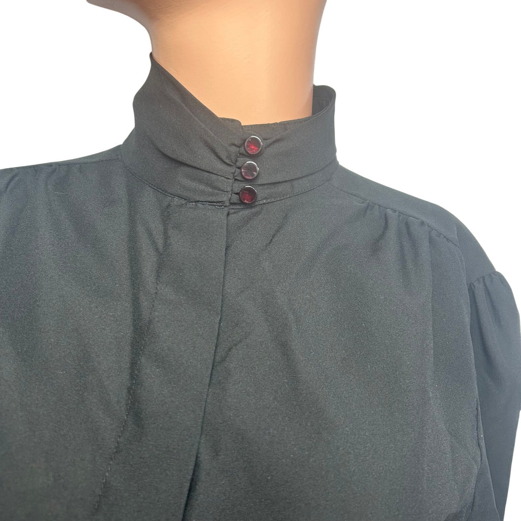 VTG 80s Laura Mae Black Mock Neck L Button Down Pleated Top Dark Academia