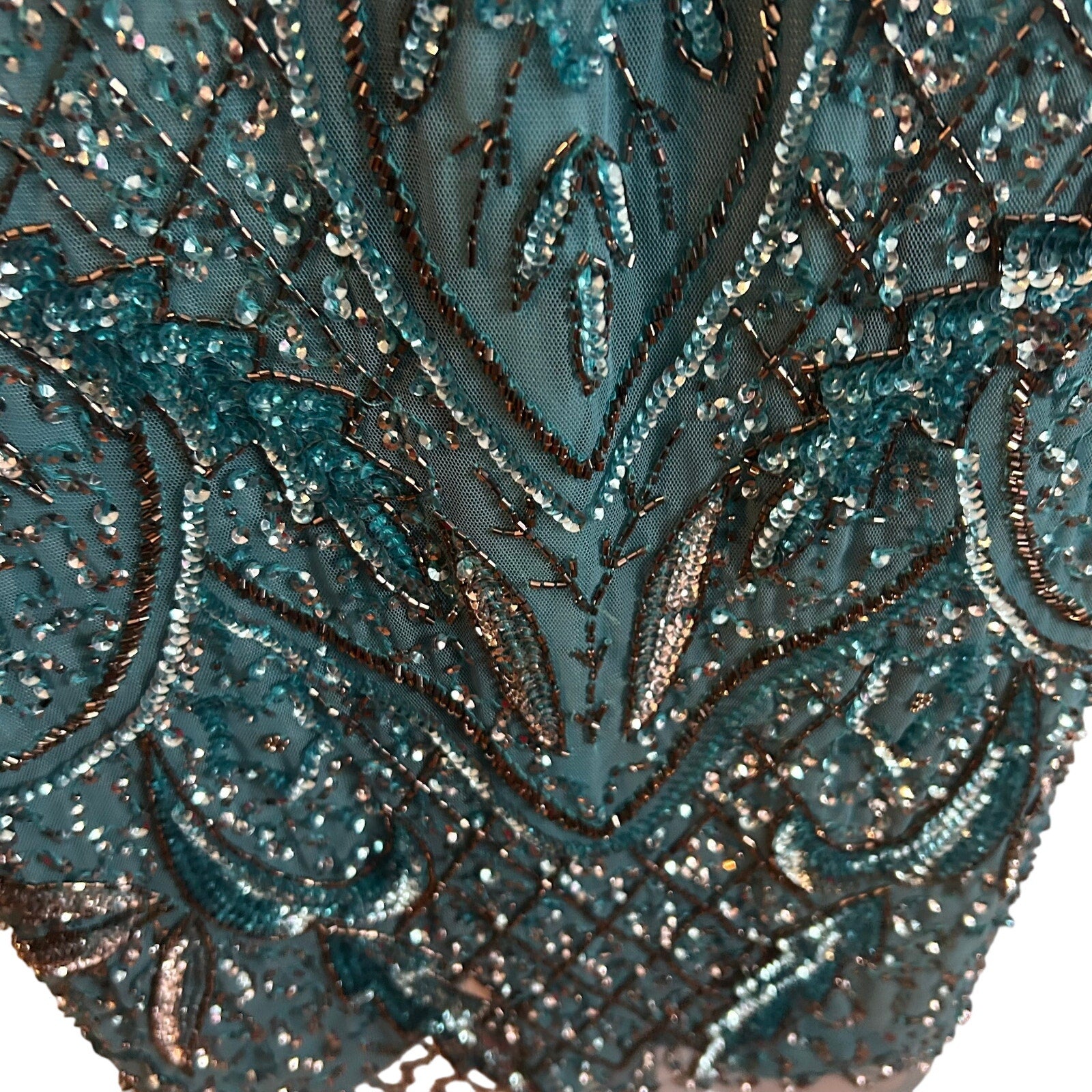 VTG Aidan Mattox Teal Silver Beaded Sequin Cold Shoulder Mini Cocktail Dress 2