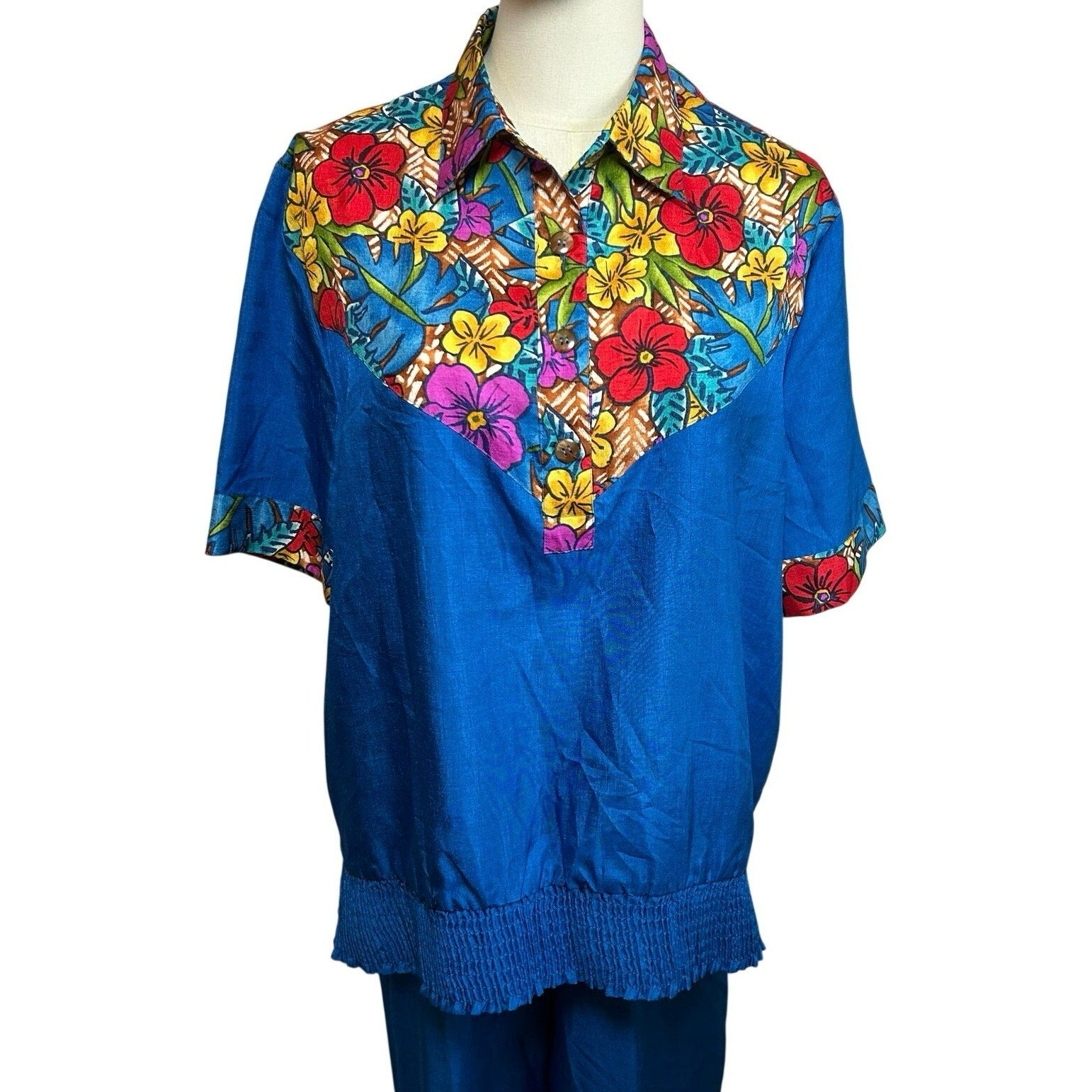 VTG 70s Bechamel 3pc Floral Set Whimsigoth Blue Tropical Jacket Shirt Pants Boho