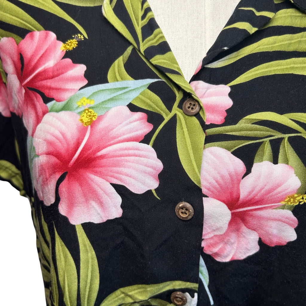 VTG 90s Puanani Hawaiian Shirt Black Floral Medium Tropical Boho Casual Indie