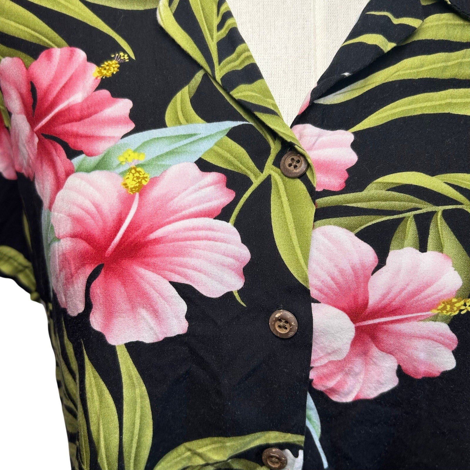 VTG 90s Puanani Hawaiian Shirt Black Floral Medium Tropical Boho Casual Indie
