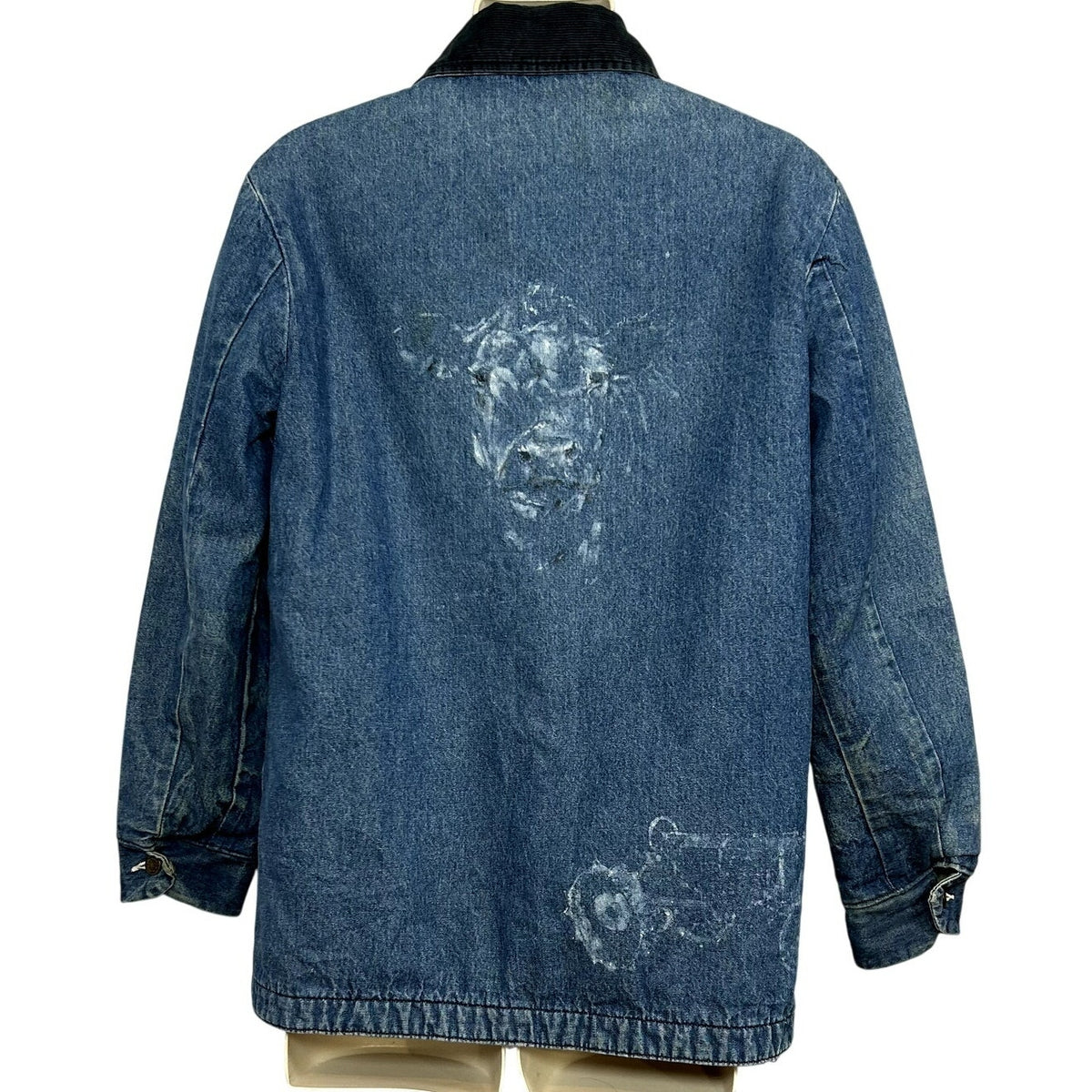 VTG 70s Big Ben Wrangler 36 Blanket Lined Denim Jacket Hand Painted Cow Art Barn