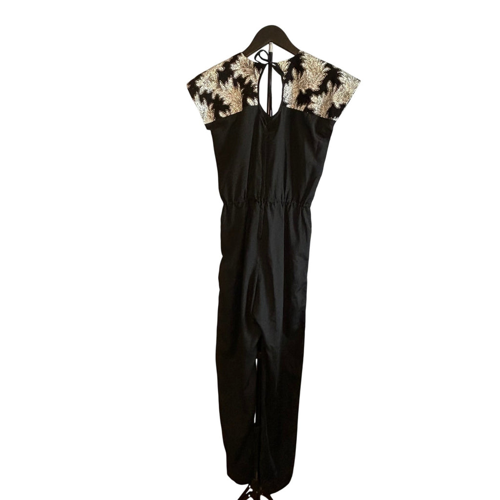 VTG Silver Black Metallic Leaf Brocade Jumpsuit and Matching Cropped Jacket Set