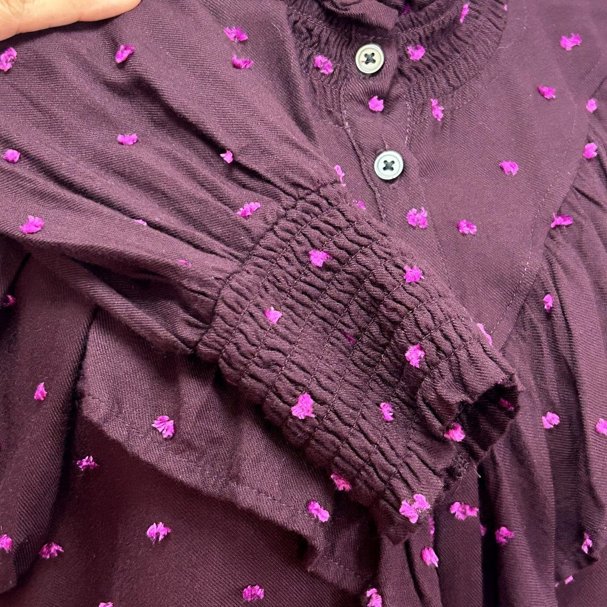 LOFT M Purple Blouse Swiss Dot Smocking Coquette Ruffle Feminine Chic Clown Boho