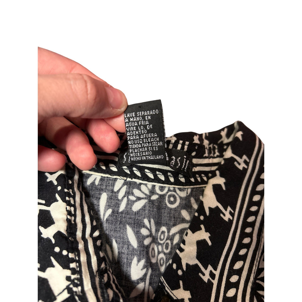 VTG Studio Basic Black White Floral Deer Border Print Rayon Blouse Size L