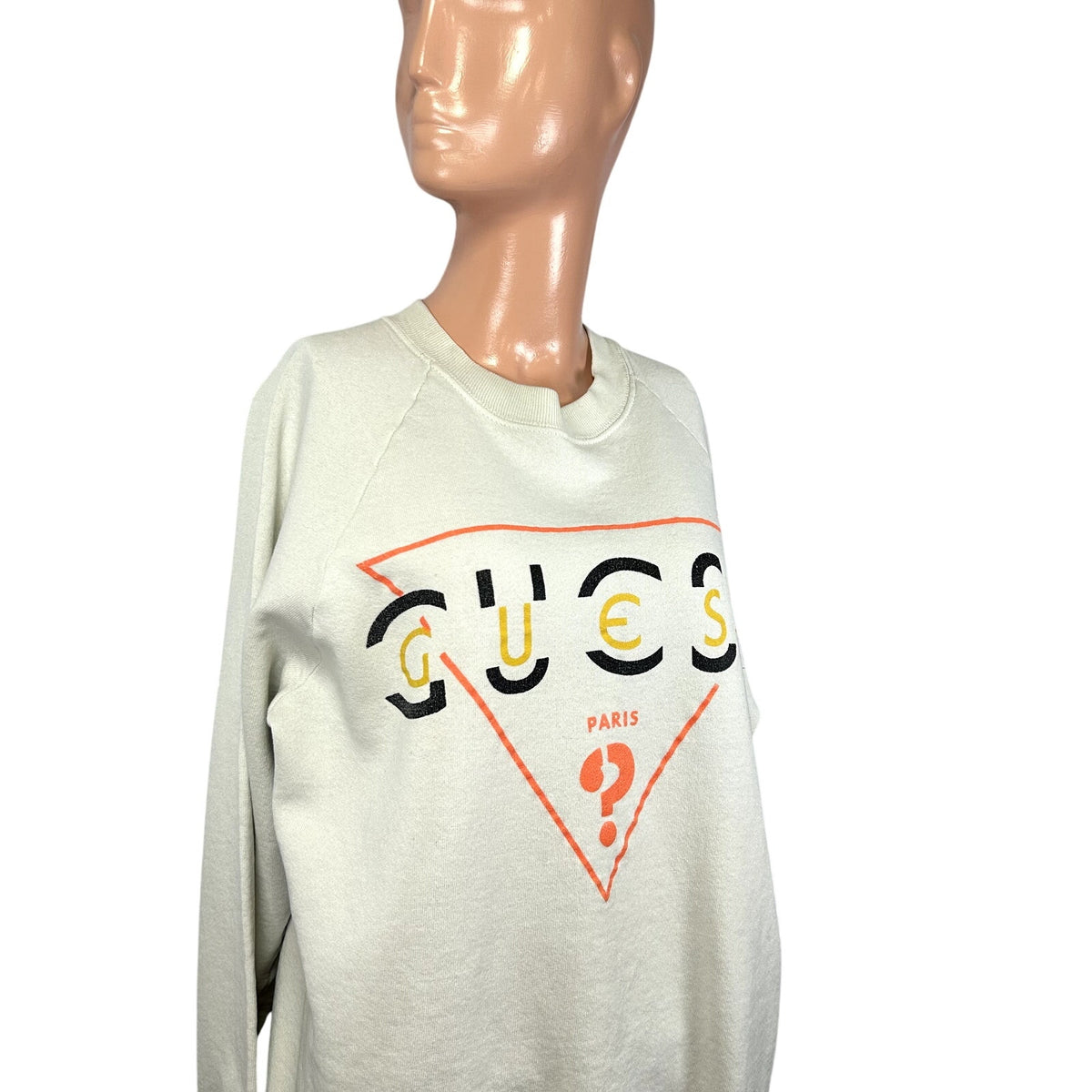 VTG 80s Guess Paris M White Sweatshirt Triangle Logo Dolman Sleeve Streetwear