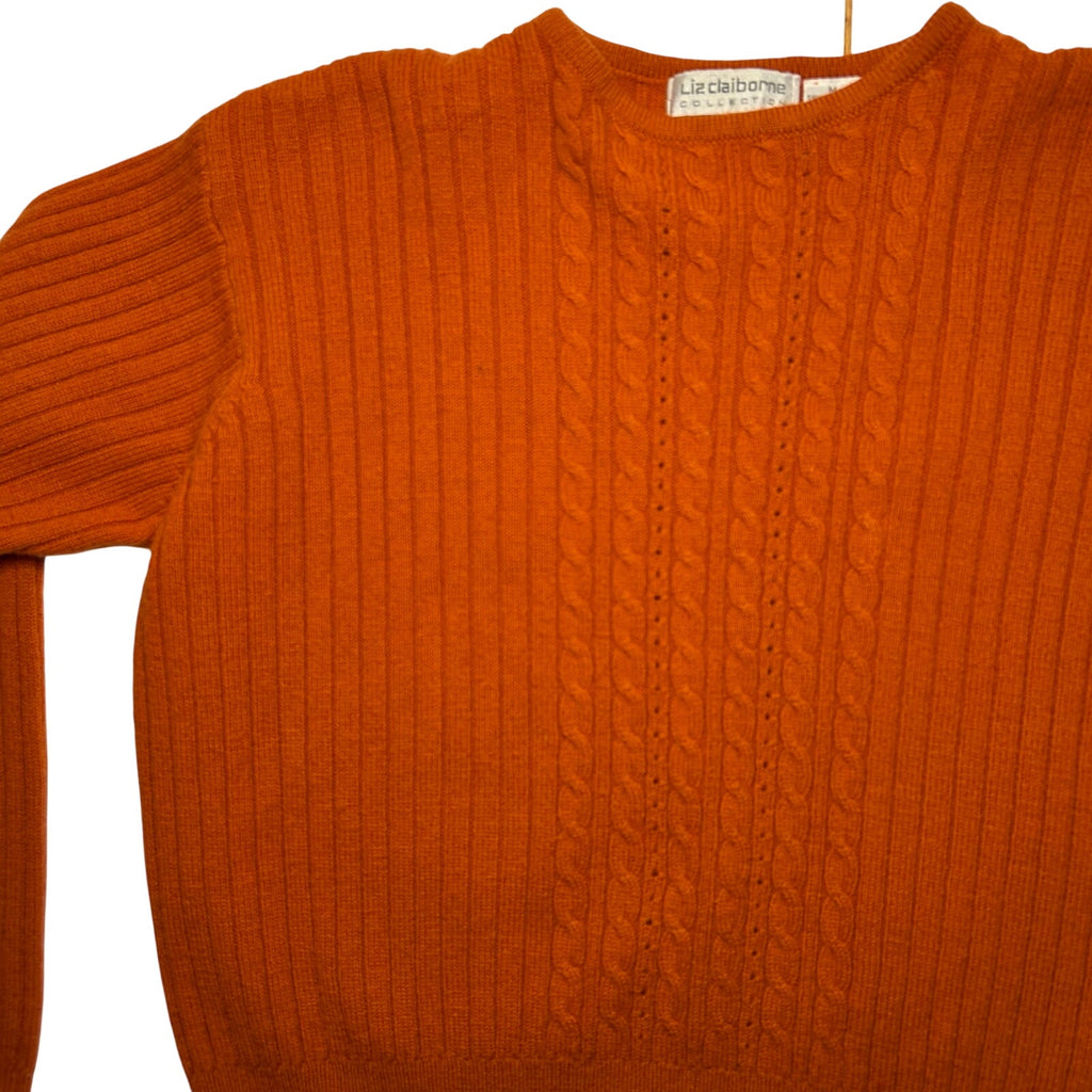 VTG 70s Liz Claiborne Orange Wool Crewneck Pullover Sweater M Cable Knit Cottage