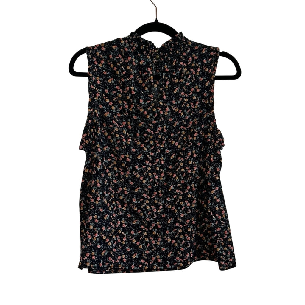 Black Pink Floral Sleeveless Mock Neck M Smocked Top Ruffle Y2K Romantic Goth