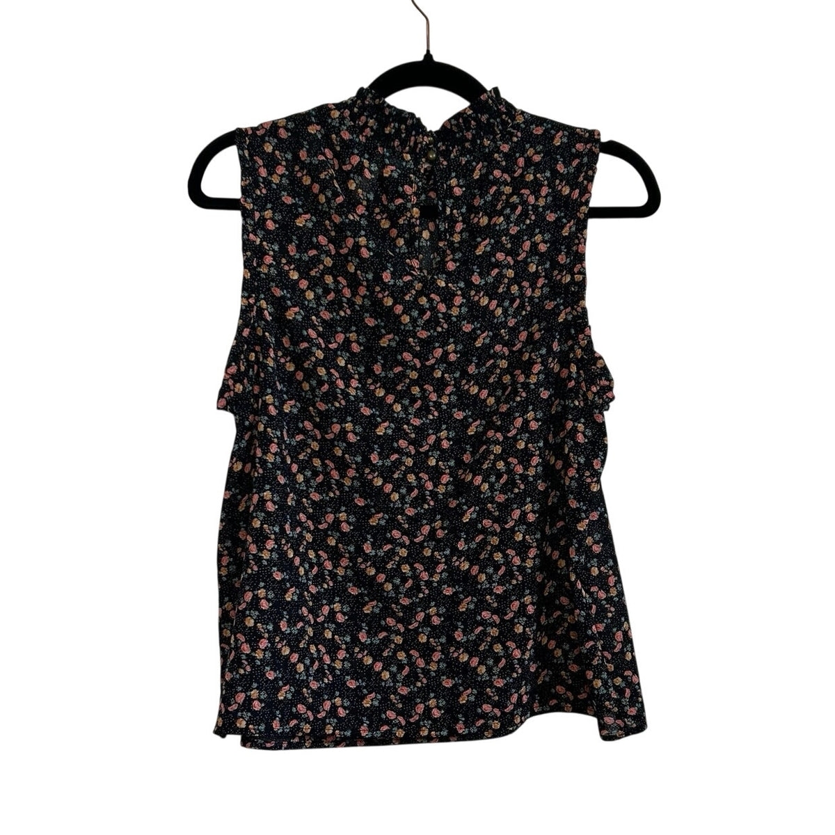 Black Pink Floral Sleeveless Mock Neck M Smocked Top Ruffle Y2K Romantic Goth