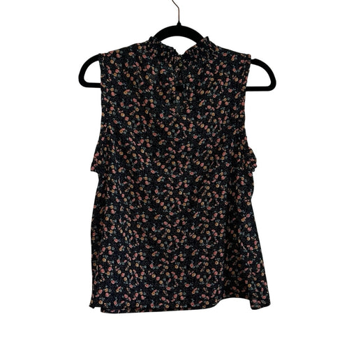 Black Pink Floral Sleeveless Mock Neck M Smocked Top Ruffle Y2K Romantic Goth