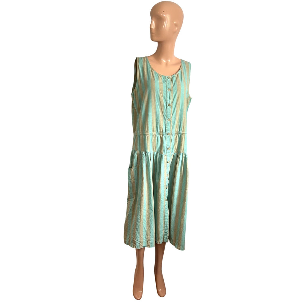 Phool Blue Tan Striped Buttons Pleated Cotton M Midi Dress Coastal Prairie Boho