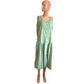 Phool Blue Tan Striped Buttons Pleated Cotton M Midi Dress Coastal Prairie Boho