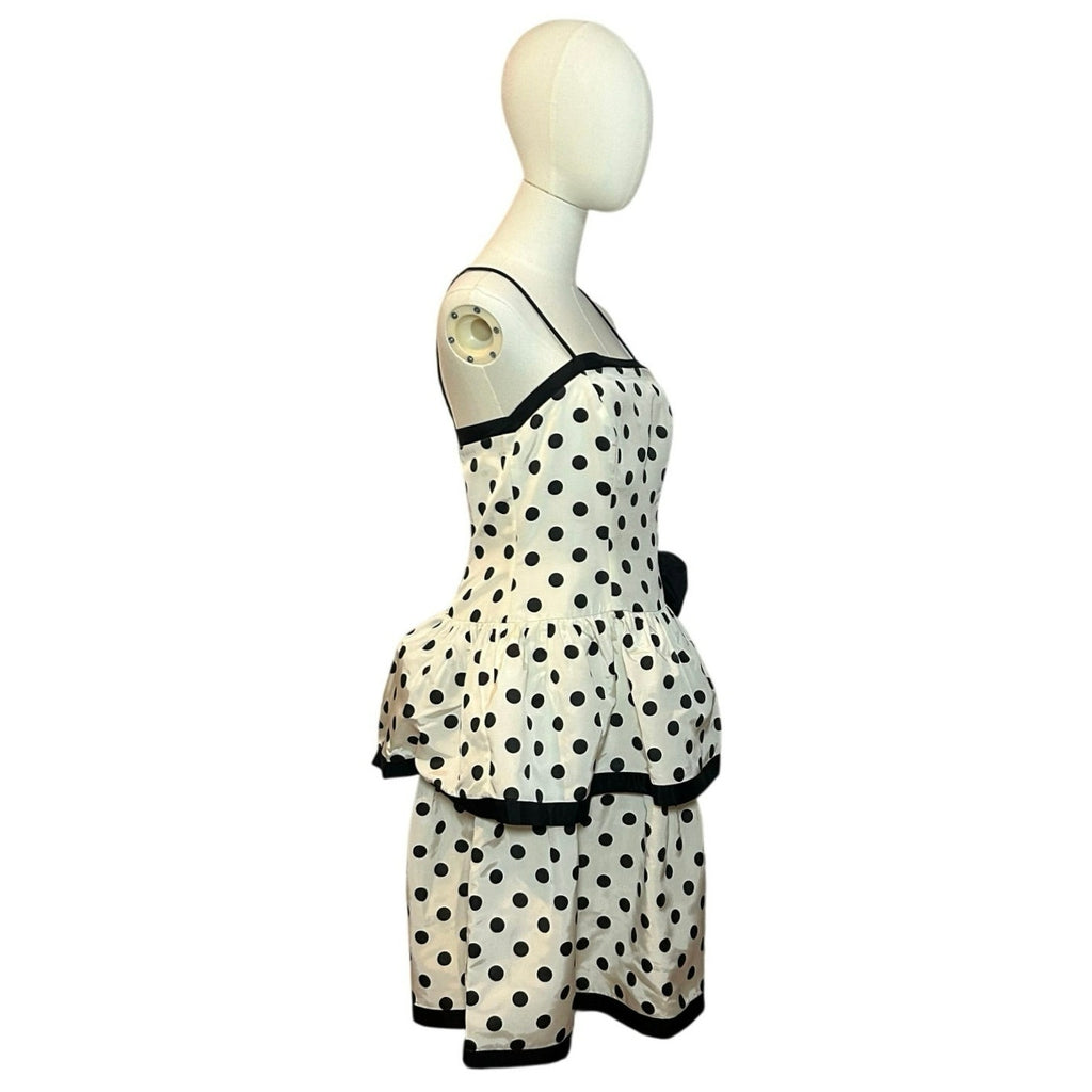 VTG 80s Stop Staring! Polka Dot B&W Medium Tiered Drop Waist Dress Rockabilly