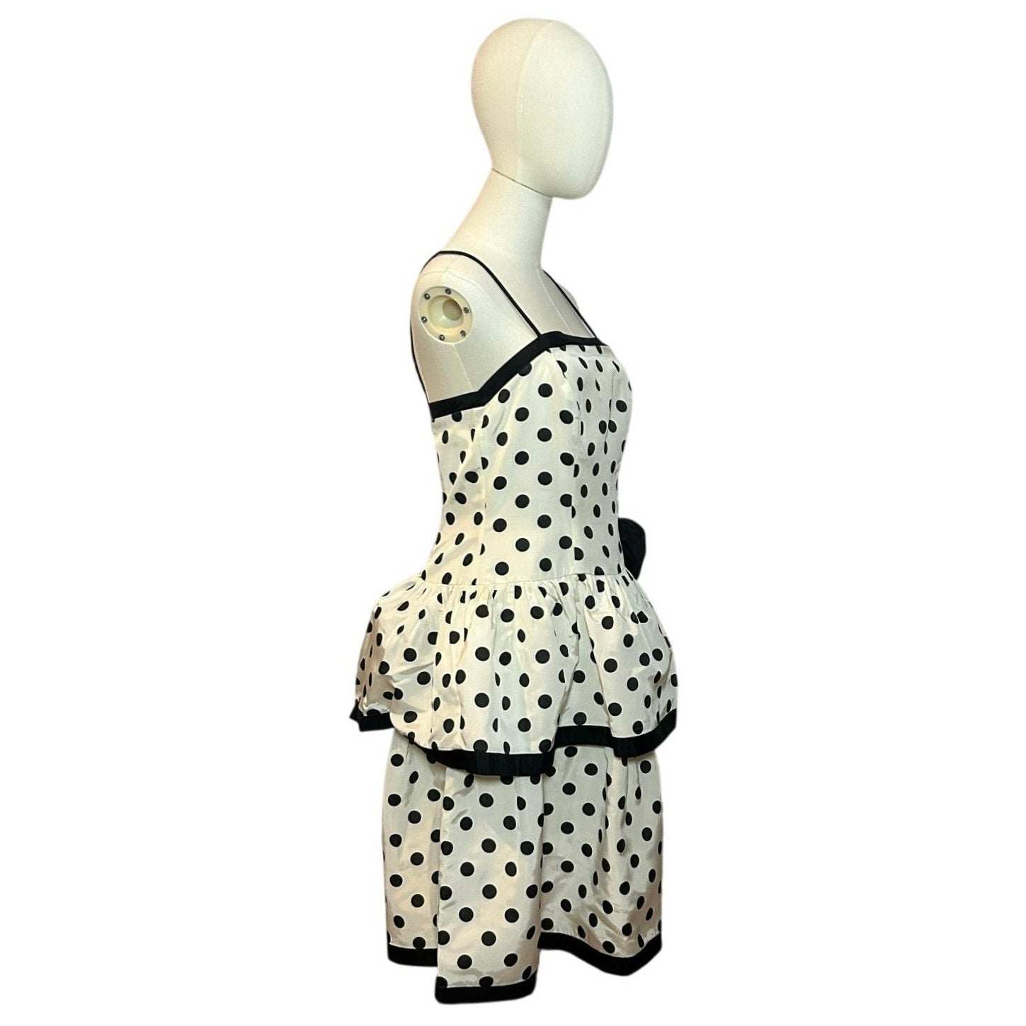 VTG 80s Stop Staring! Polka Dot B&W Medium Tiered Drop Waist Dress Rockabilly