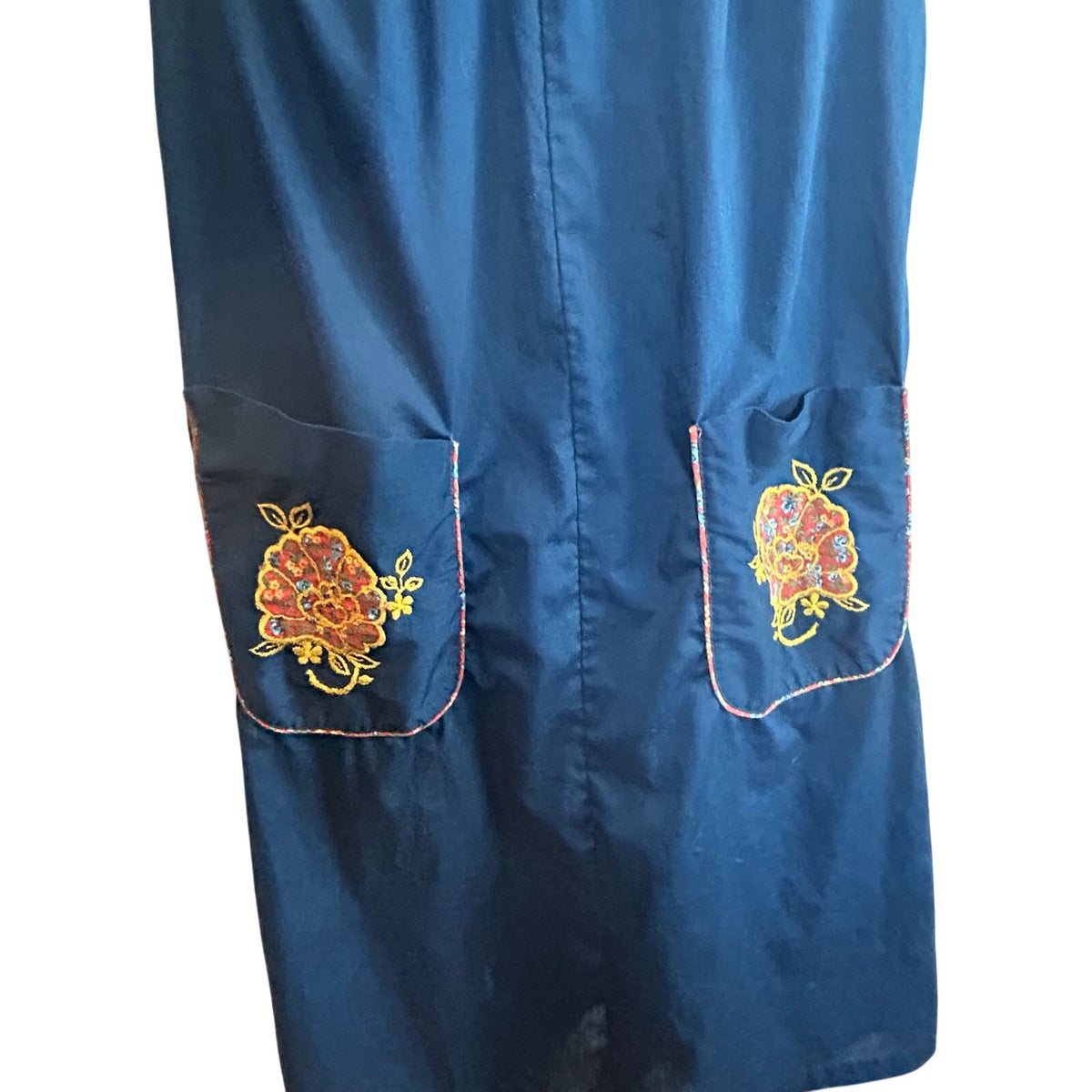 VTG 70s ILGWU Embroidered Floral Pocket Pinafore Dress Navy Blue Small Retro