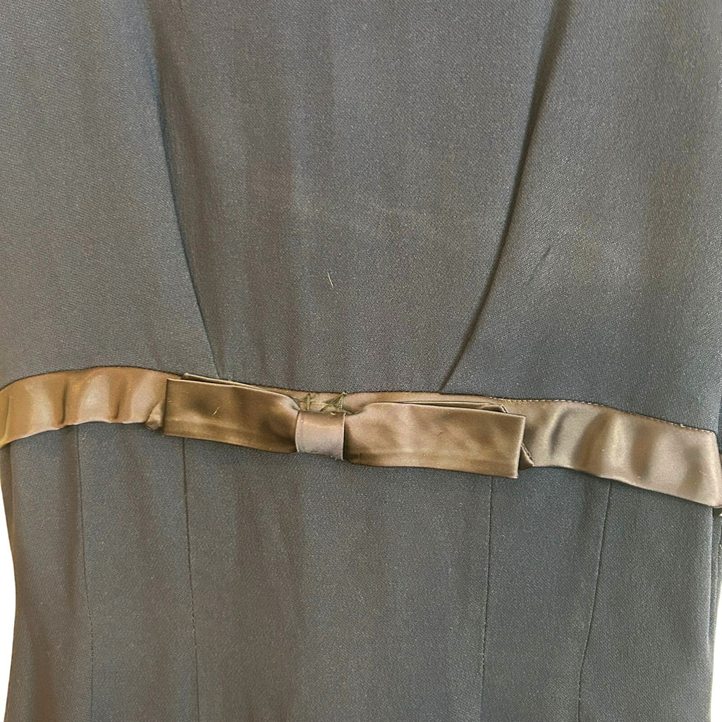 VTG 1950s Navy Blue Crepe Drop Waist Cocktail Dress Satin Bow Pleated Skirt M