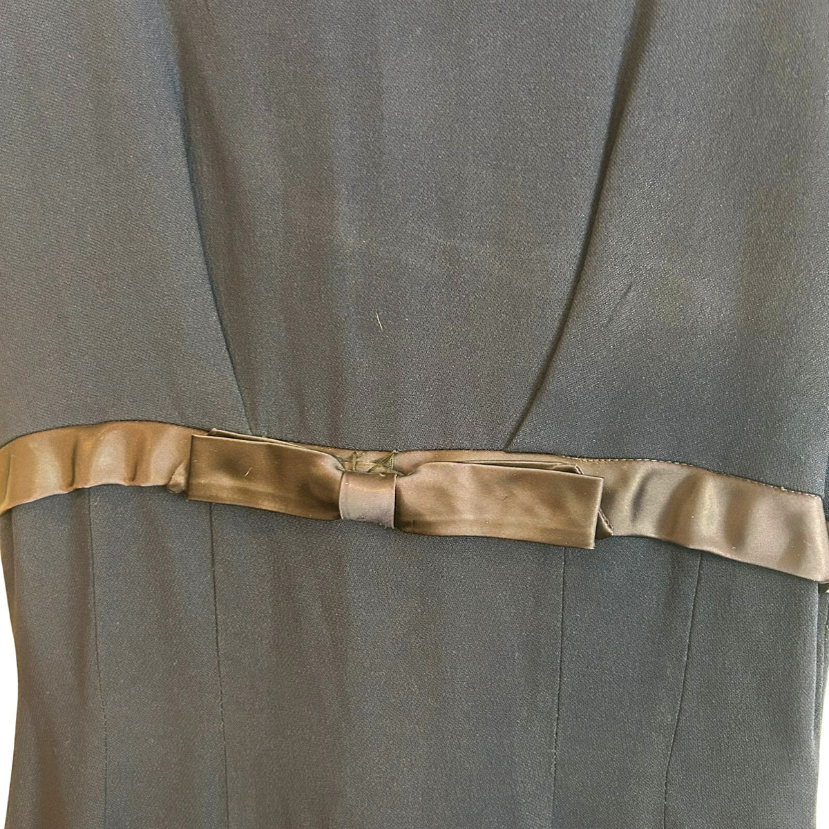 VTG 1950s Navy Blue Crepe Drop Waist Cocktail Dress Satin Bow Pleated Skirt M