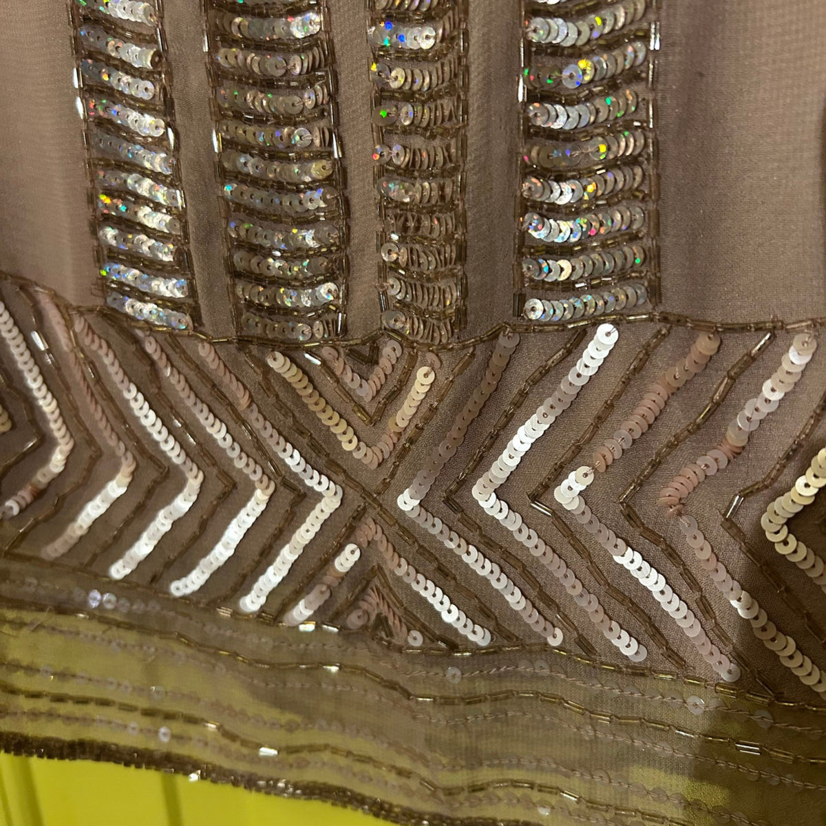 VTG Worthington Tan Beaded Sequin Chiffon Mini Dress 4 Art Deco Whimsigoth Party