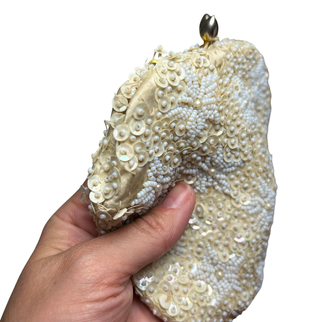 VTG 50s Cream Sequin White Floral Clutch Evening Bag Bridal Prom Retro Glam Twee