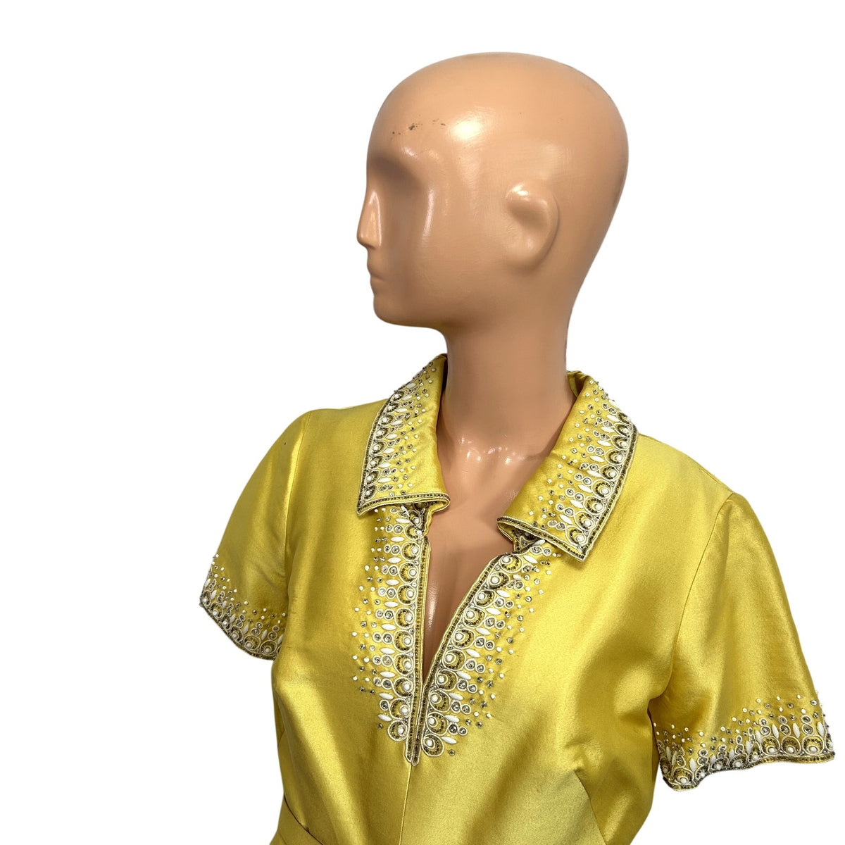 VTG 60s Sir Norman Hartnell S Yellow Beaded Wool Silk Couture Regency Midi Dress