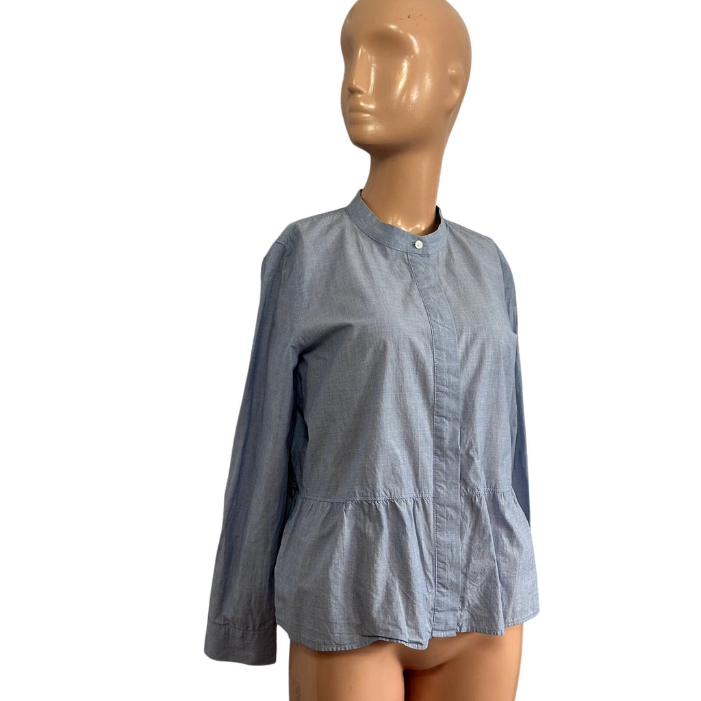 Madewell M Blue Top Mandarin Peplum Hem Minimalist Casual Monochrome Chambray