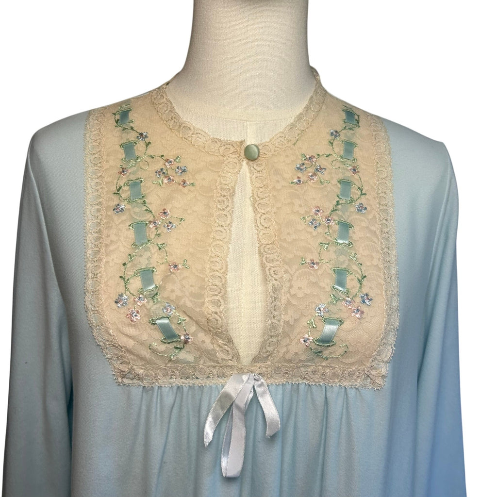 VTG 70s Blue Floral Lace Nightgown Sears XL Nylon Bridal Coquette Romantic Bow