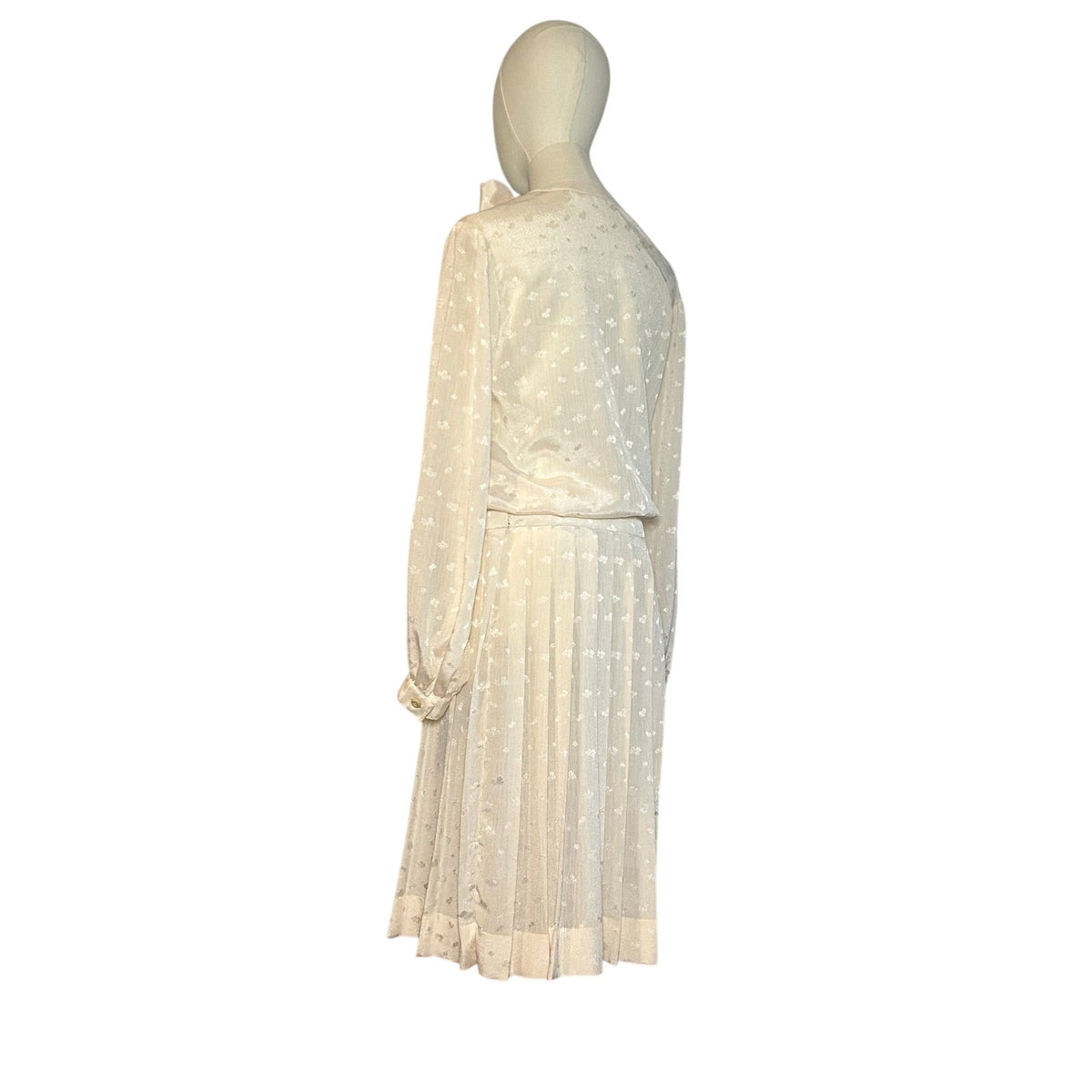 VTG 70s White Pussy Bow Pleated M Midi Dress Retro Twee Preppy Coquette Wedding