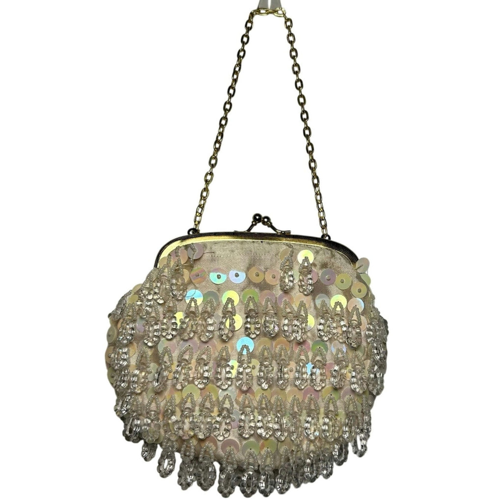 VTG 70s Flapper Bag Beaded Sequin Kiss Lock Clutch Purse Handbag Glam Retro Twee