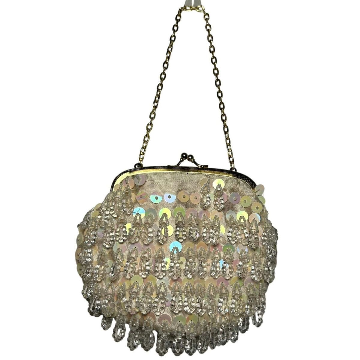 VTG 70s Flapper Bag Beaded Sequin Kiss Lock Clutch Purse Handbag Glam Retro Twee