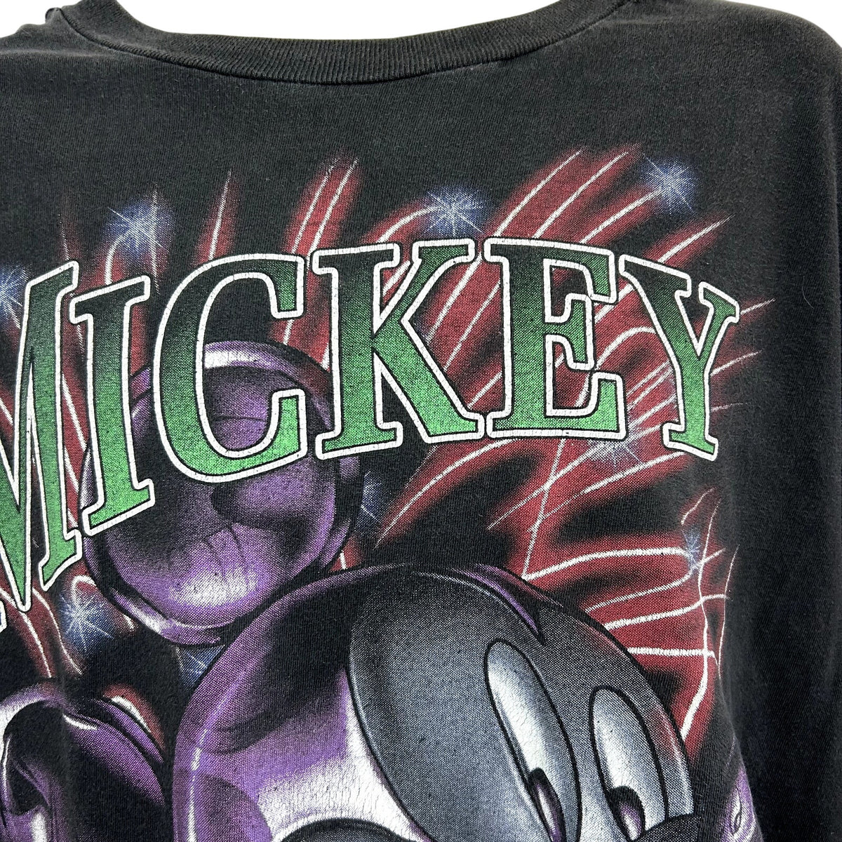 VTG 90s Disney Mickey Unlimited L Black Fireworks T-Shirt Trashed Grunge