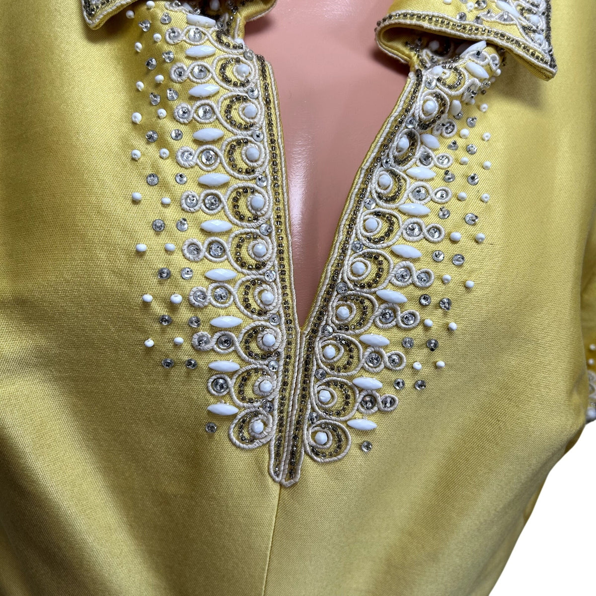 VTG 60s Sir Norman Hartnell S Yellow Beaded Wool Silk Couture Regency Midi Dress