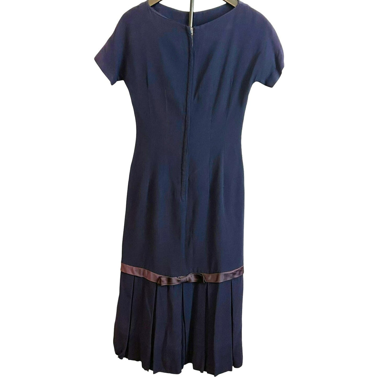 VTG 1950s Navy Blue Crepe Drop Waist Cocktail Dress Satin Bow Pleated Skirt M