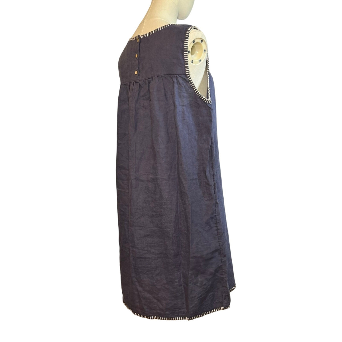 C&C California Blue White 100% Linen Dress Large Cottage Boho Minimalist Casual