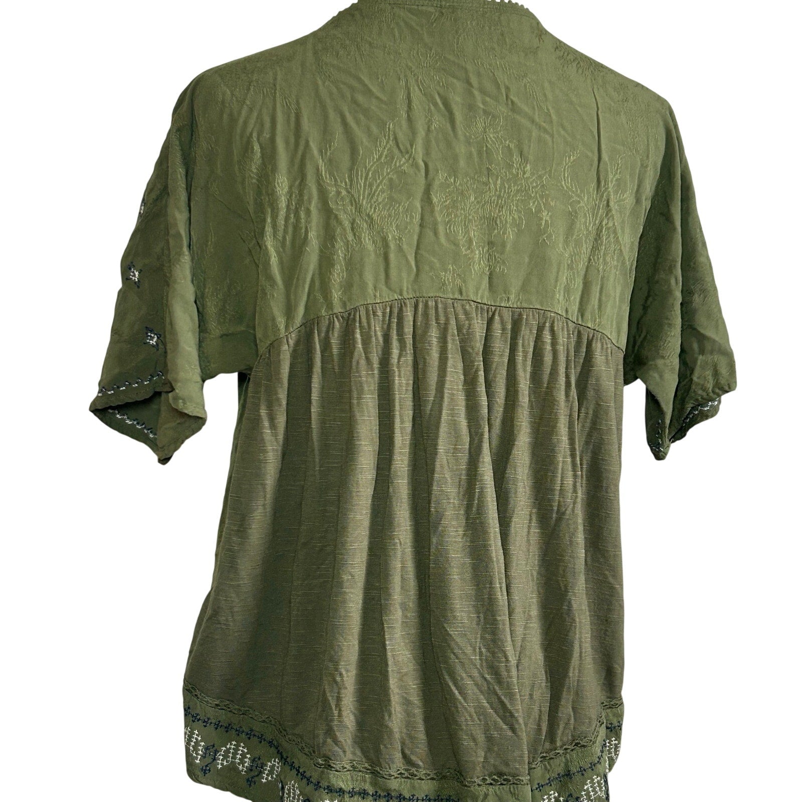 Knox Rose Blouse Small Green Rayon Embroidered Boho Peasant Indie Retro Cottage