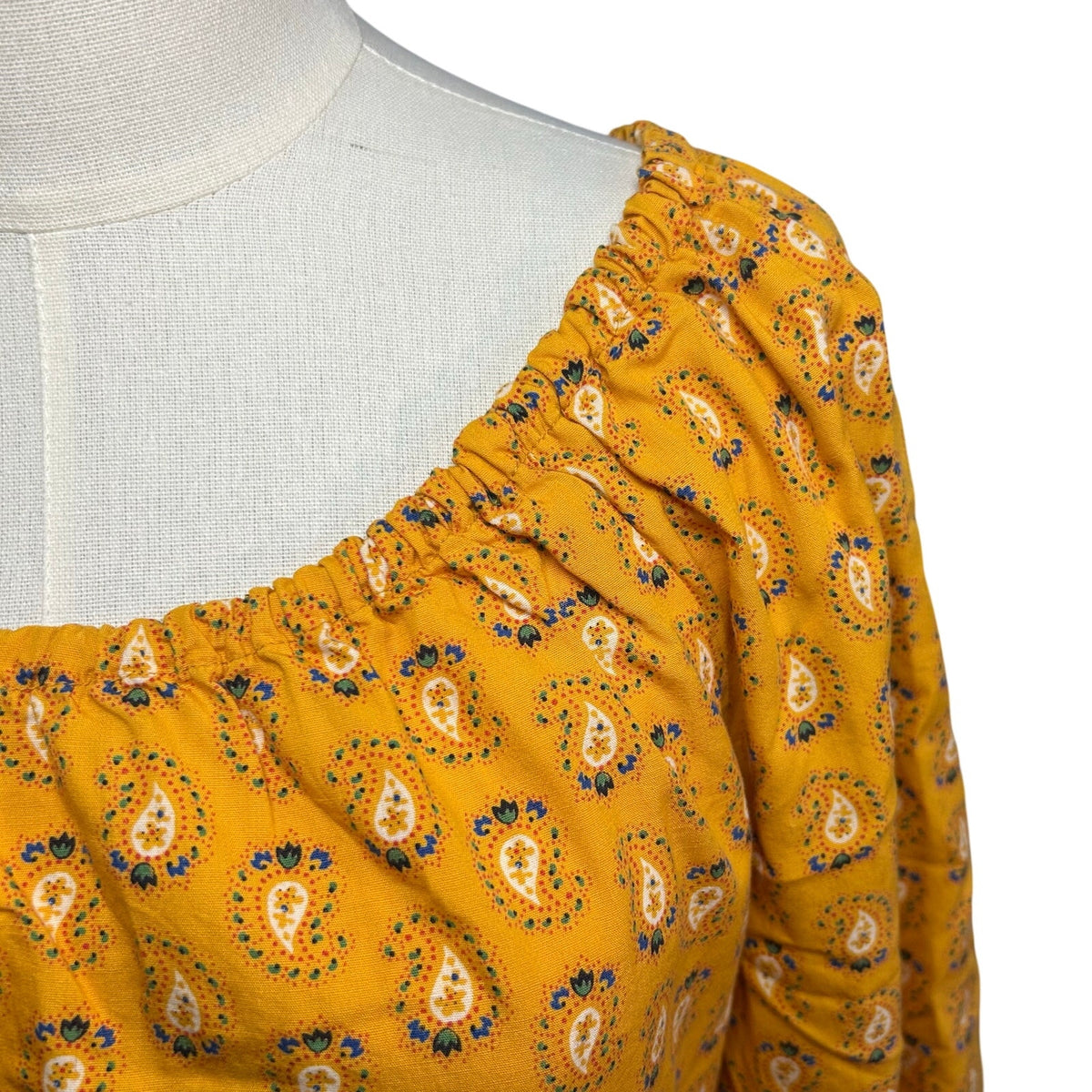 VTG 70s Yellow Maxi Paisley Dress L Cottage Boho Handmade Peasant Prairie Retro