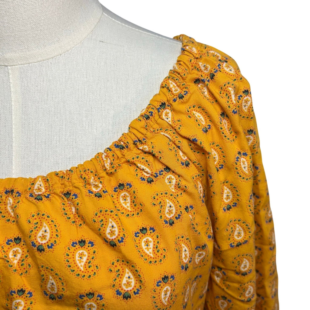 VTG 70s Yellow Maxi Paisley Dress L Cottage Boho Handmade Peasant Prairie Retro