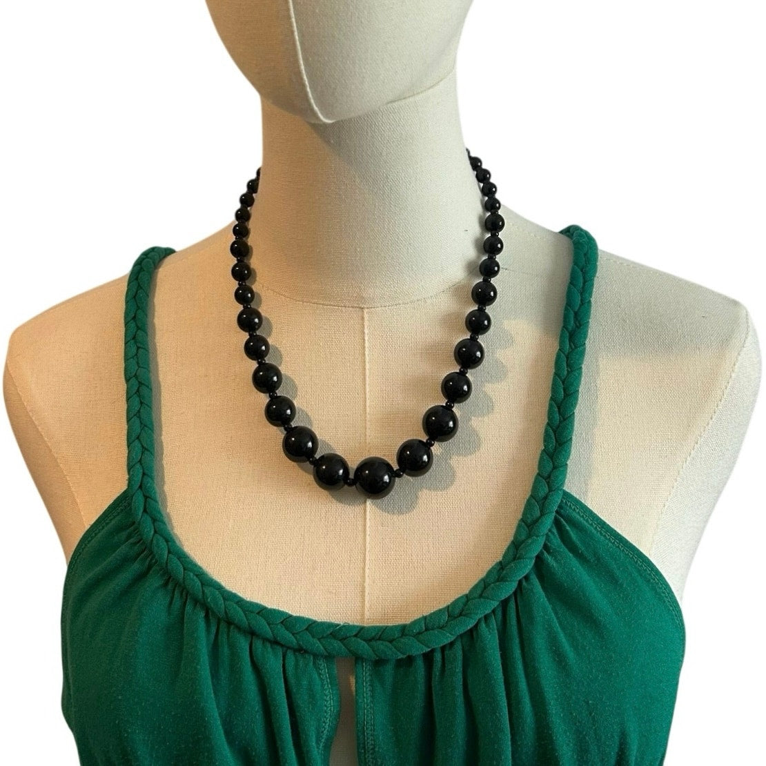VTG Y2K Black Graduated Bead Necklace Adjustable Whimsygoth Grunge Goth Siren