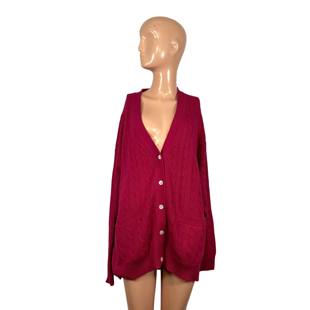 VTG 90s Talbots M Pink Cable Knit Barbiecore Cardigan Sweater Preppy Retro