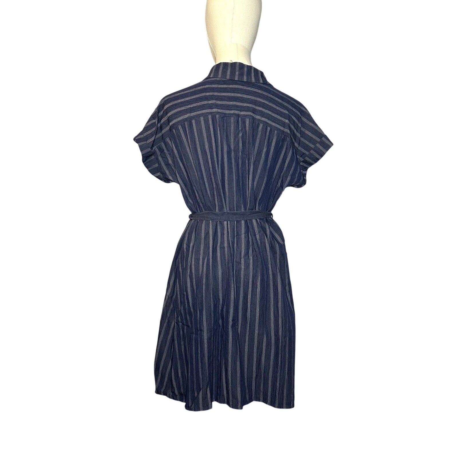 Naif Navy Blue Striped Cotton Blend Shirt Dress Tie Waist Women's Medium Casual