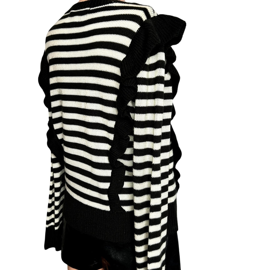 Jack by BB Dakota Black White Striped M Knit Sweater Preppy Ruffle Trim Coquette