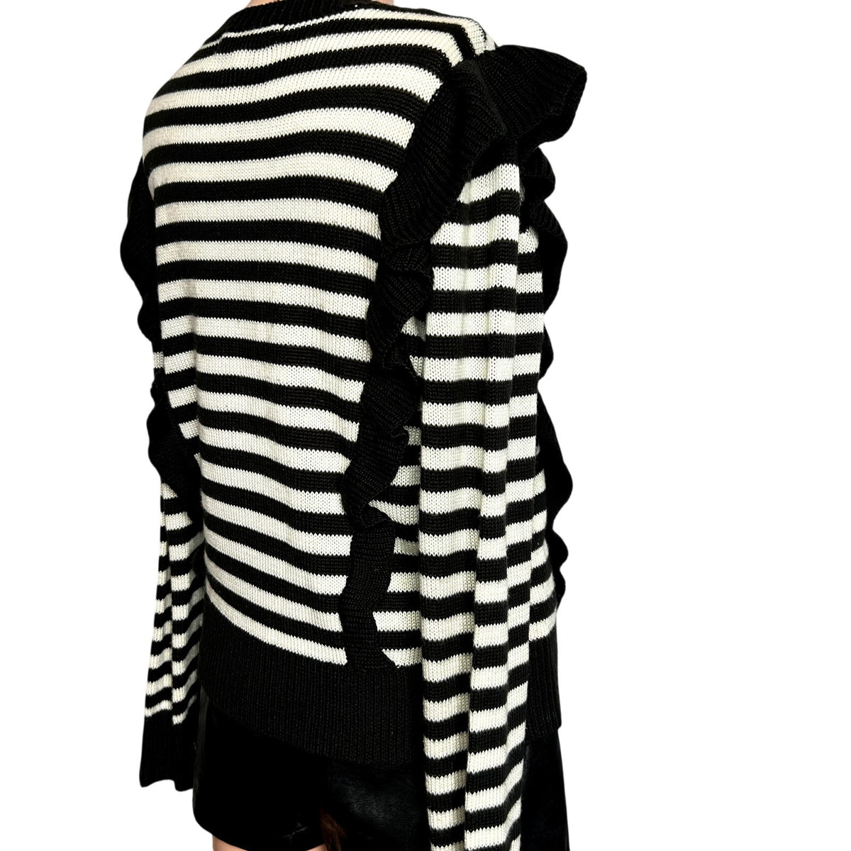 Jack by BB Dakota Black White Striped M Knit Sweater Preppy Ruffle Trim Coquette