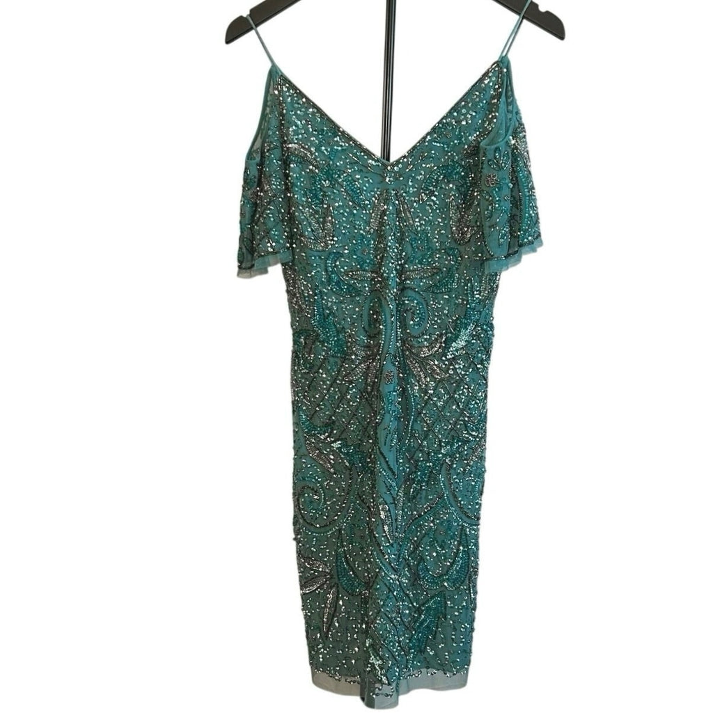 VTG Aidan Mattox Teal Silver Beaded Sequin Cold Shoulder Mini Cocktail Dress 2