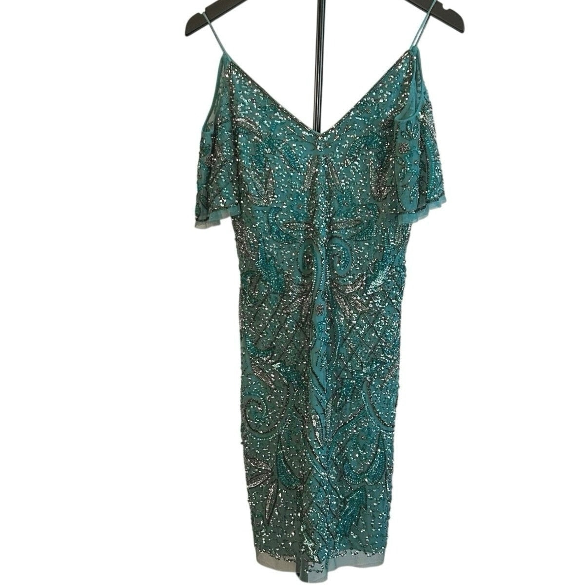 VTG Aidan Mattox Teal Silver Beaded Sequin Cold Shoulder Mini Cocktail Dress 2