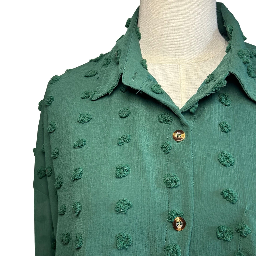 Forest Green Swiss Dot Long Sleeve L Casual Clip Dot Shirt Boho Minimalist Twee