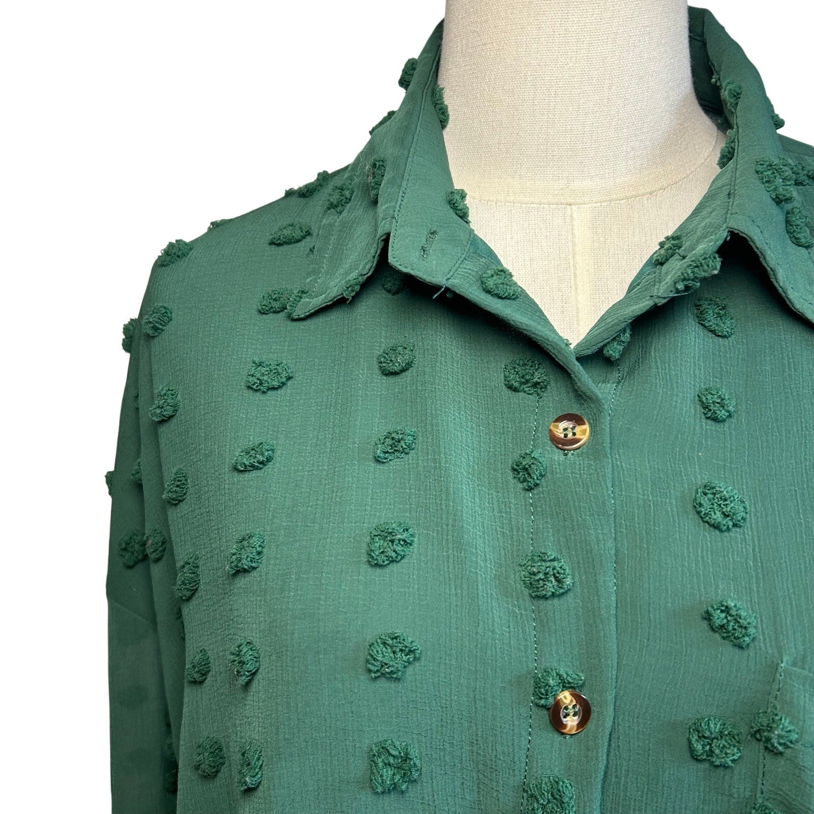 Forest Green Swiss Dot Long Sleeve L Casual Clip Dot Shirt Boho Minimalist Twee