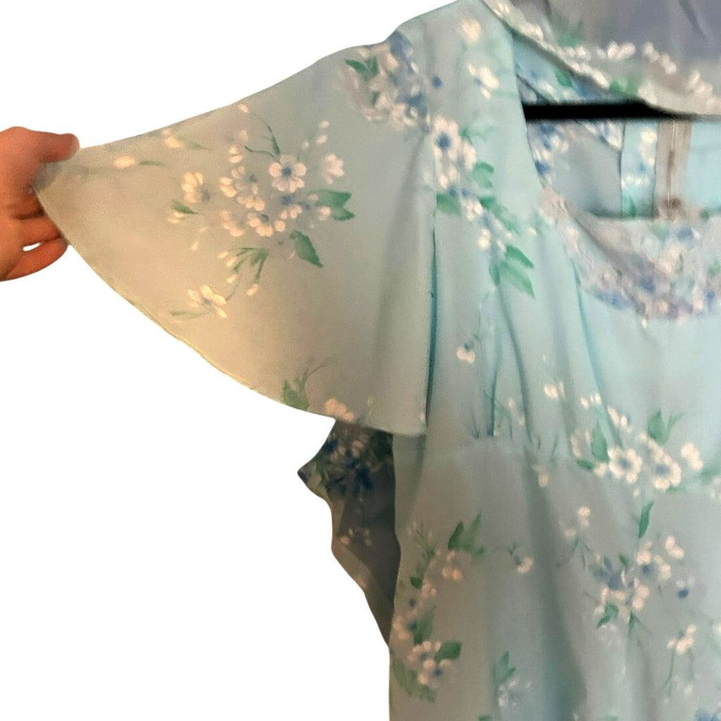 VTG 70s Handmade Blue Floral Ball Gown Capelet Empire Waist Maxi 10 Cottage Glam