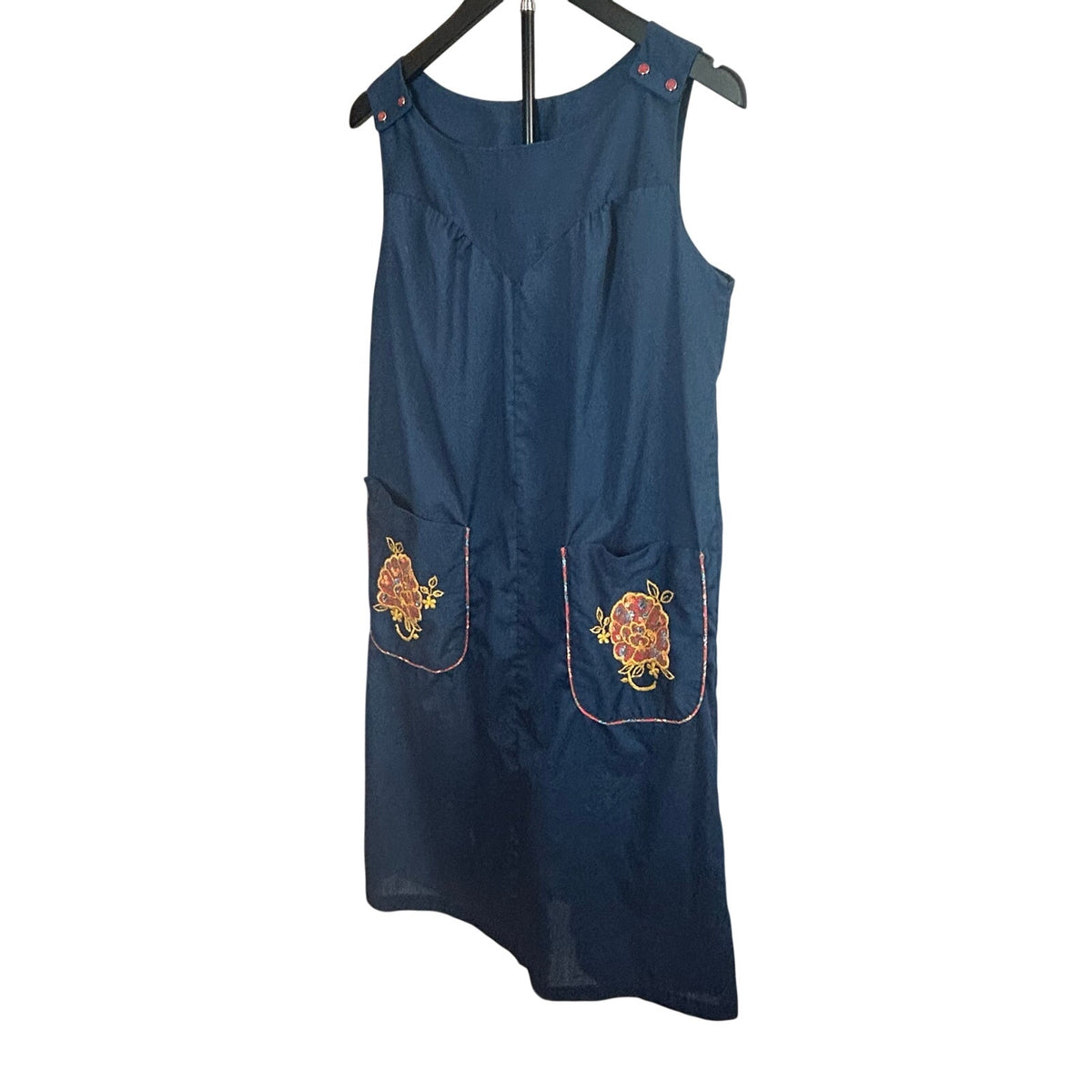 VTG 70s ILGWU Embroidered Floral Pocket Pinafore Dress Navy Blue Small Retro